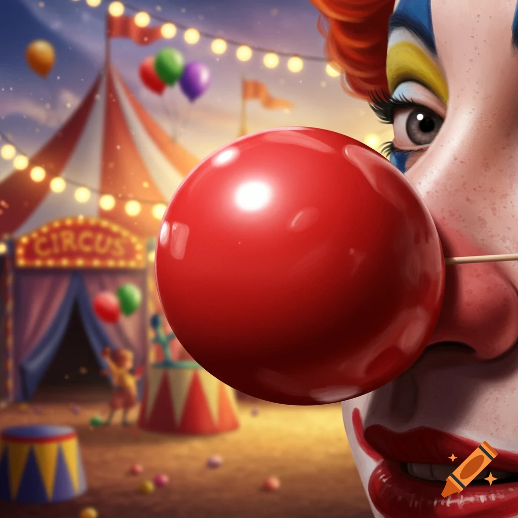 Close-up of a clown with a large, shiny red nose and colorful makeup, with a blurred circus tent and lights in the background.