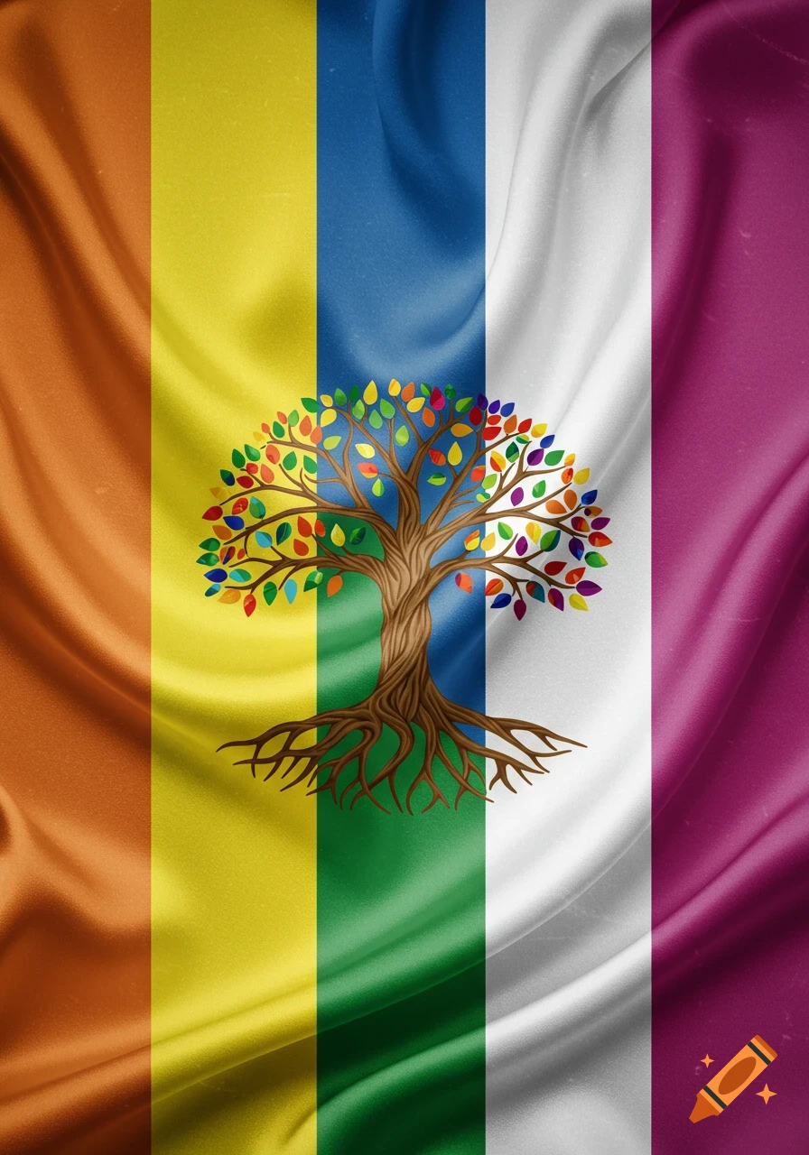 A flag with vertical stripes of orange, yellow, green, blue, white, and purple, featuring a brown tree of life with colorful leaves and roots in the center.
