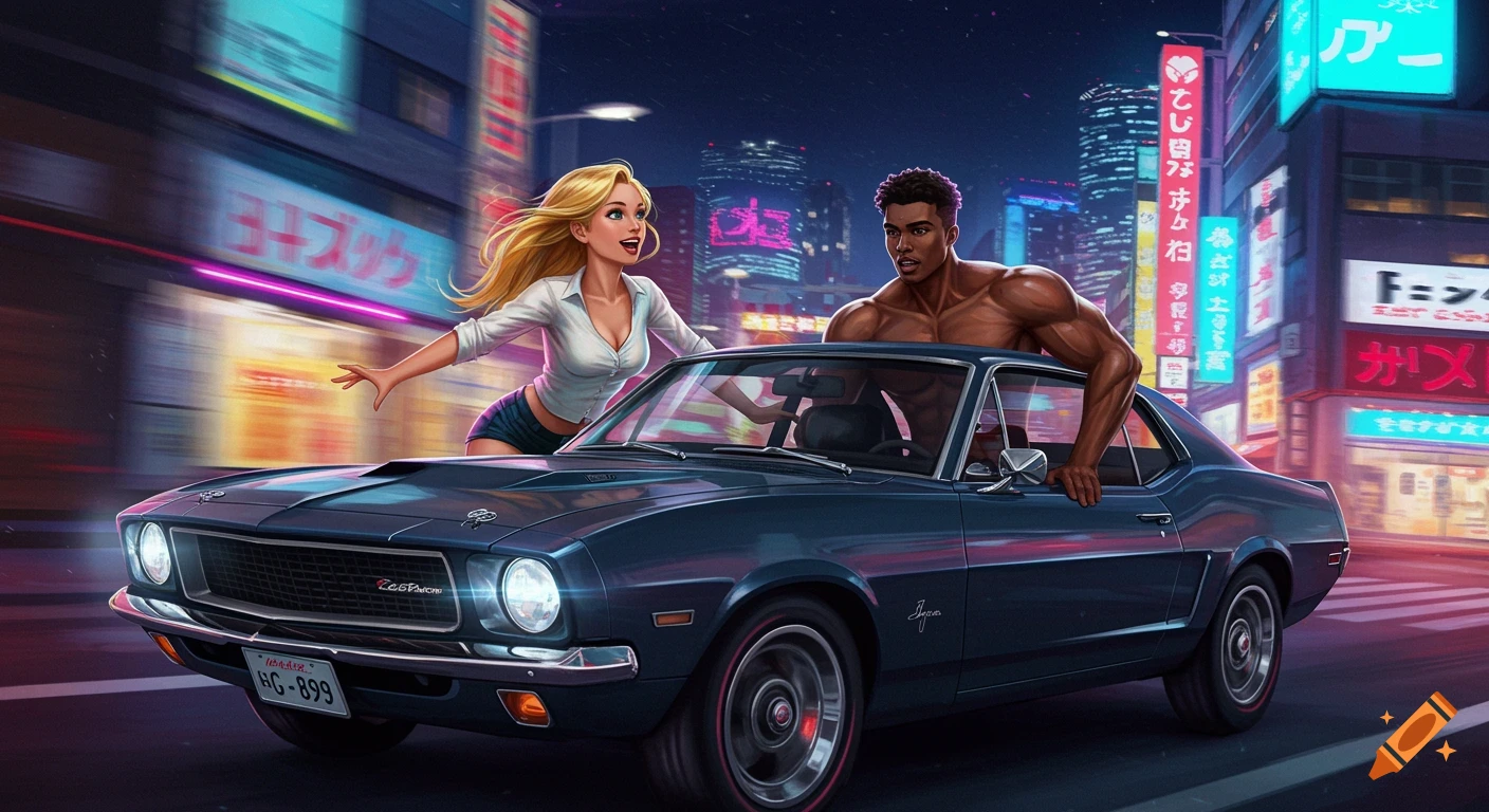 Stylized illustration of a blonde woman and a muscular man in a vintage muscle car, driving through a neon-lit Tokyo street at night.