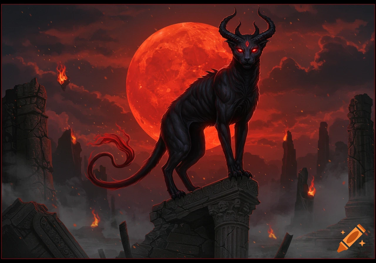 A dark, horned creature with glowing red eyes stands on ruins under a blood-red moon in a fiery, smoke-filled sky.