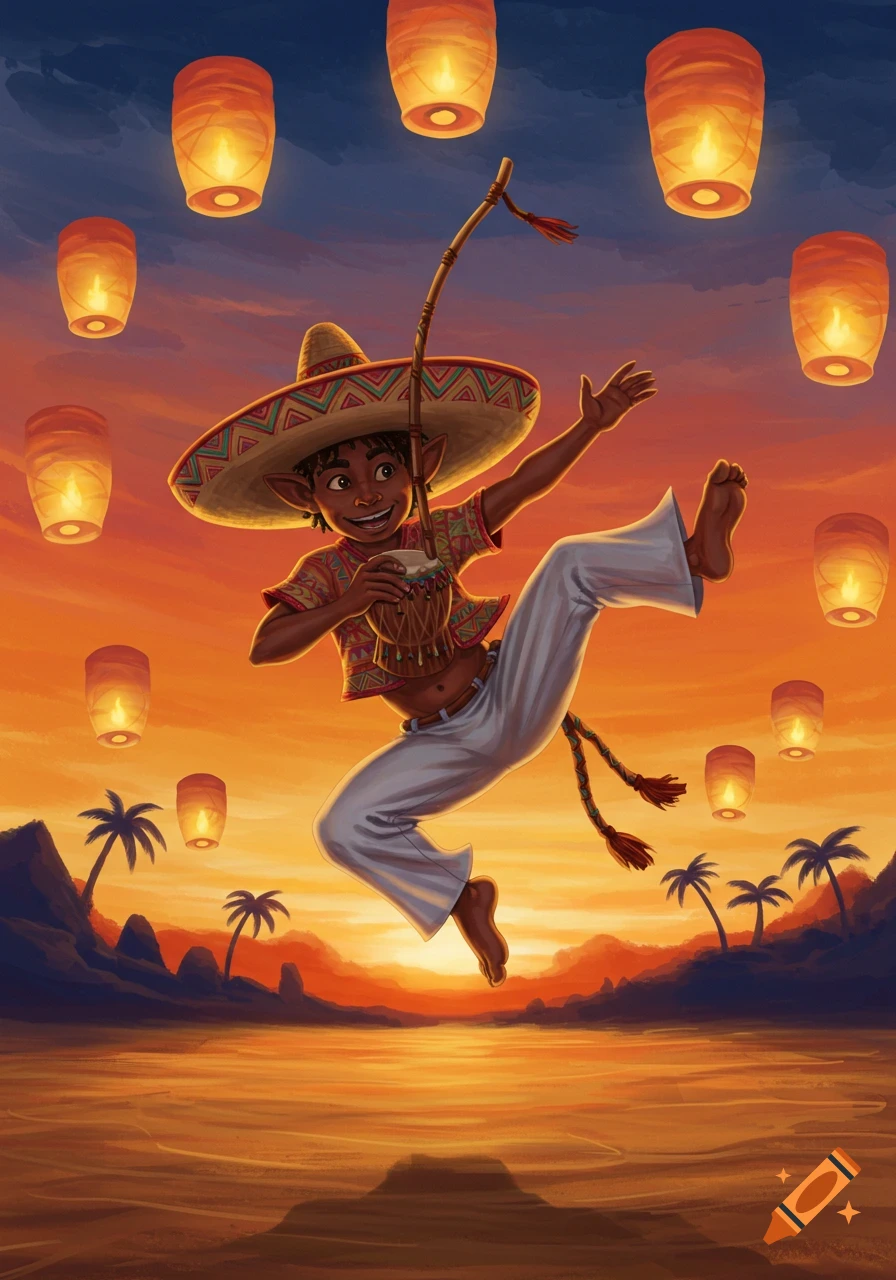 A stylized illustration of a halfling man in a sombrero jumping, holding an instrument, against a sunset with floating lanterns and palm trees.