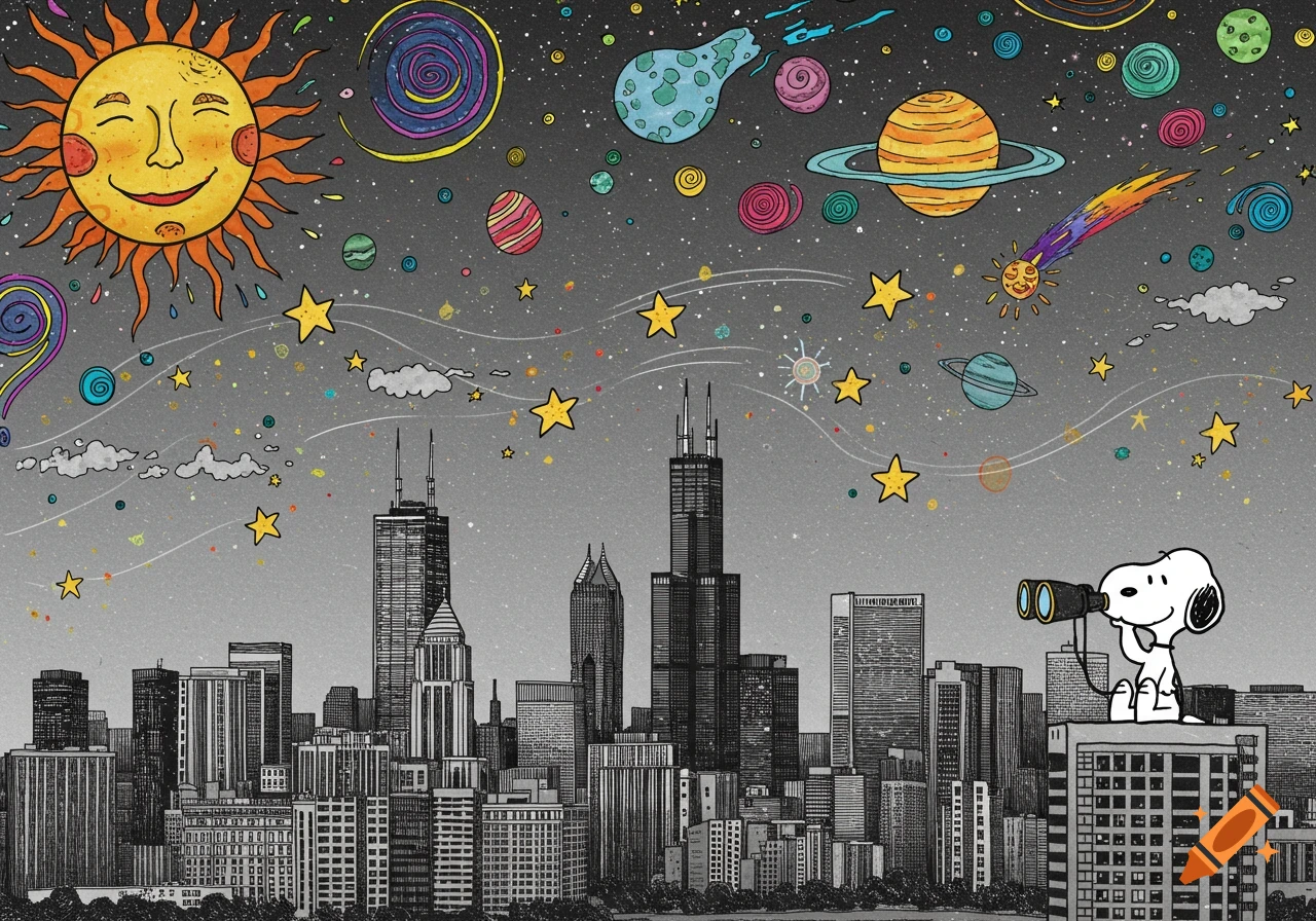 A whimsical illustration of the Chicago skyline in black and white, with colorful celestial objects and Snoopy looking through binoculars on a rooftop.