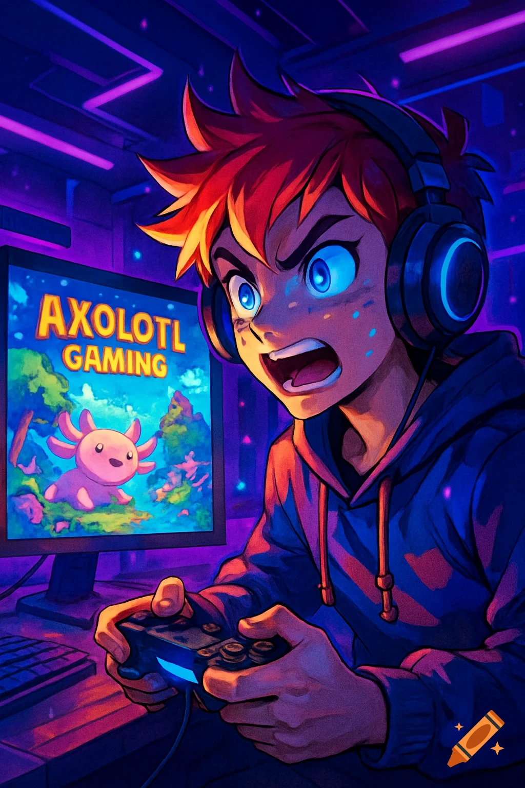 Anime-style illustration of a red-haired boy with headphones, intensely playing a video game titled 'AXOLOTL GAMING' on a monitor.