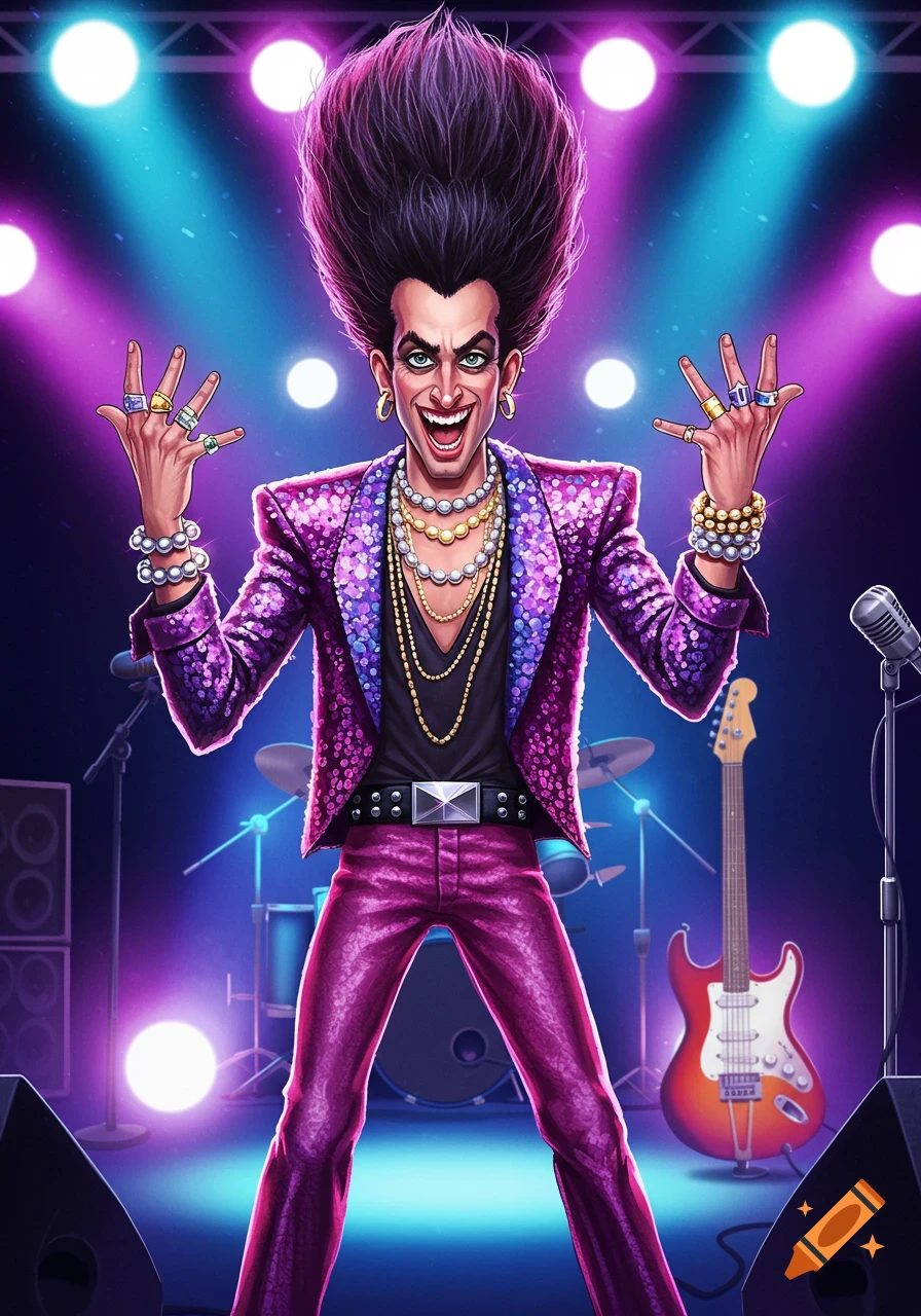 A vibrant cartoon rockstar with spiky purple hair and a sequined suit stands on a brightly lit stage with instruments.