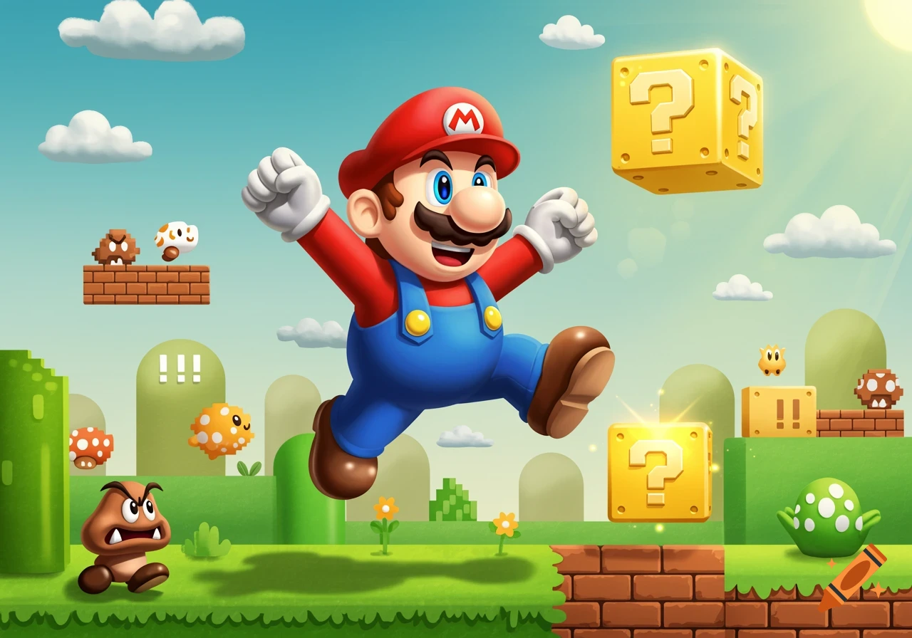 Mario jumps in a vibrant cartoon Super Mario Bros. scene with question blocks, a Goomba, and mushrooms.
