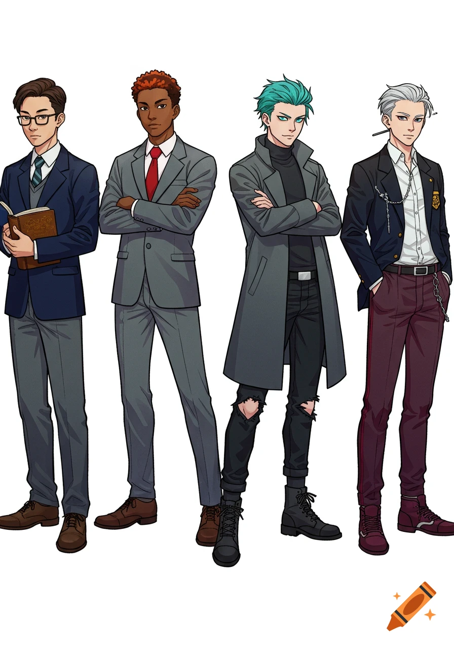 Four anime-style male characters, each representing a distinct archetype, standing against a white background.