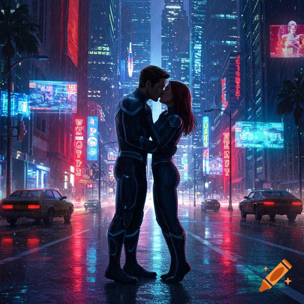 A couple in futuristic suits kiss on a rainy, neon-lit cyberpunk city street at night.