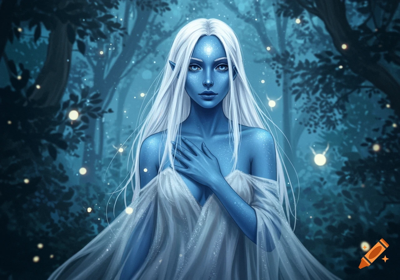 A fantasy portrait of a blue-skinned woman with long white hair in a mystical forest with glowing fireflies.