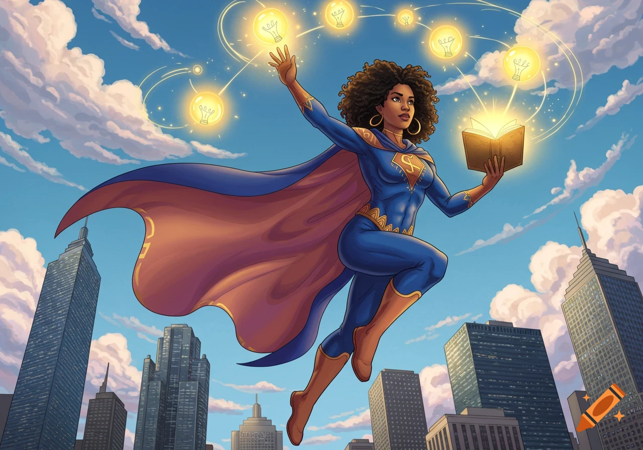 A Black woman superhero flies through a sunny sky above a city, wearing a blue and gold suit with a red cape, holding a glowing book, and surrounded by floating glowing lightbulbs.