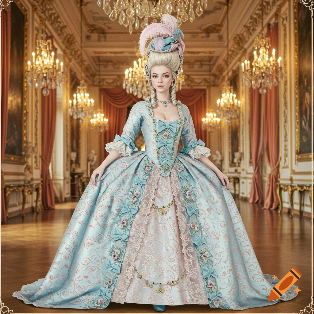 A woman in an elaborate blue and pink Rococo gown with a feathered updo stands in a gilded, chandelier-lit hall.