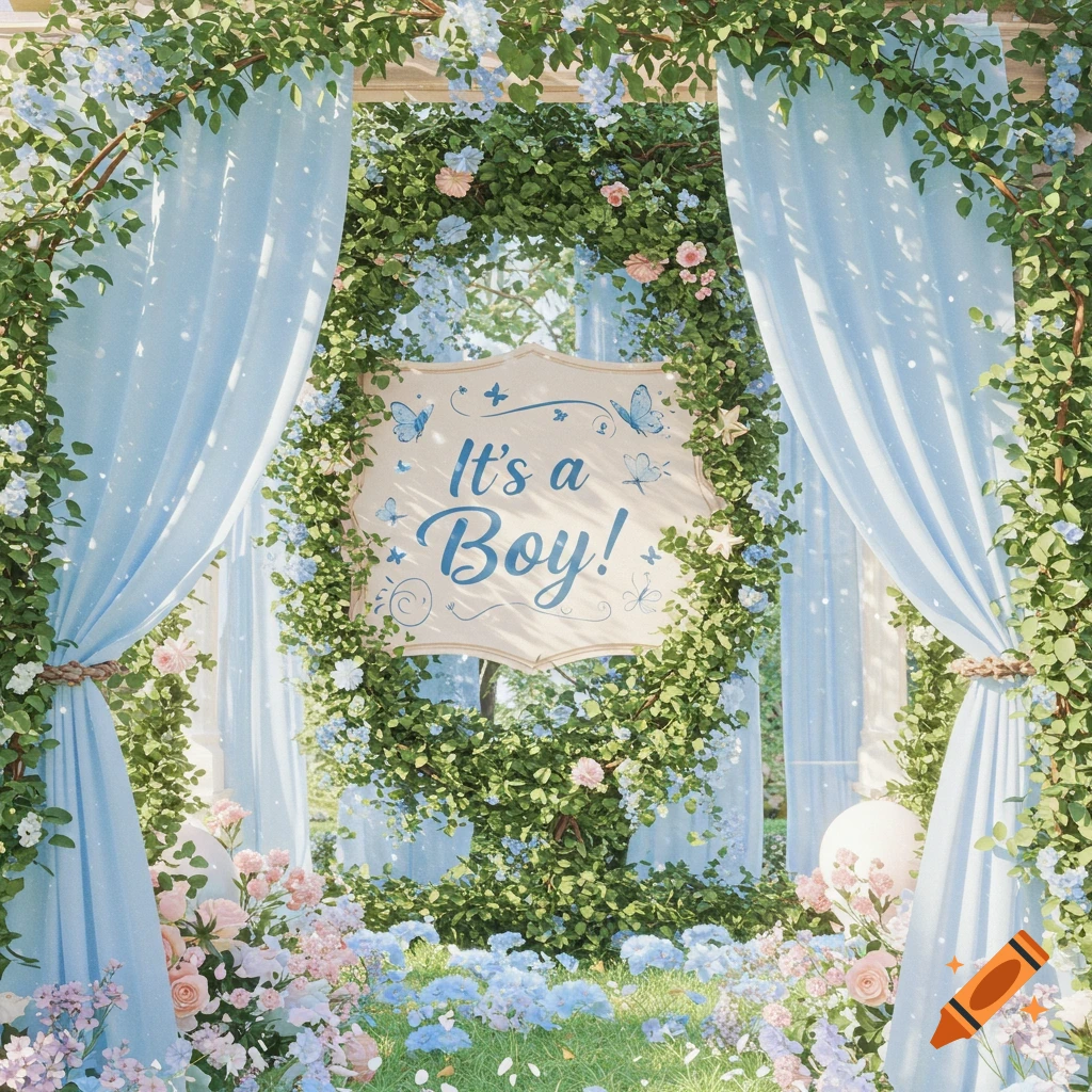 A white sign saying "It's a Boy!" surrounded by a lush green arbor, light blue curtains, and blooming pink and blue flowers in a dreamy garden setting.