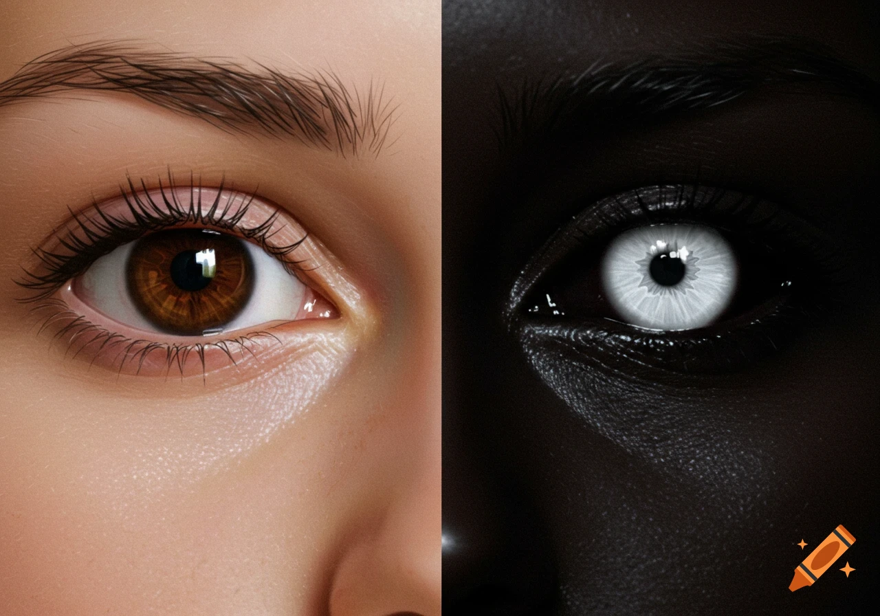 Close-up of two eyes, one brown on light skin and one with a white iris and black sclera on dark skin.