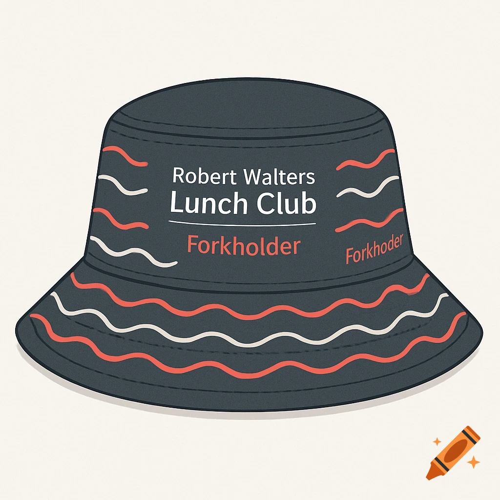 A charcoal grey boonie hat with a white and red custom logo that reads 'Robert Walters Lunch Club Forkholder' on the front, and wavy lines around the brim.