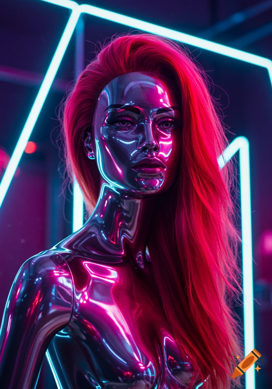 Metallic mannequin with vibrant red hair, glowing neon lights, and a futuristic aesthetic.