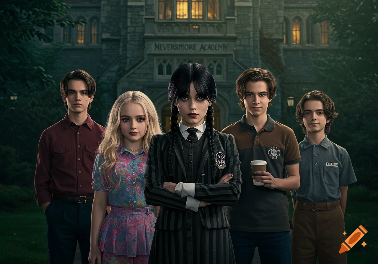 Five teenagers, including Wednesday Addams, Enid Sinclair, and two boys, stand in front of a gothic academy building with a forest background.