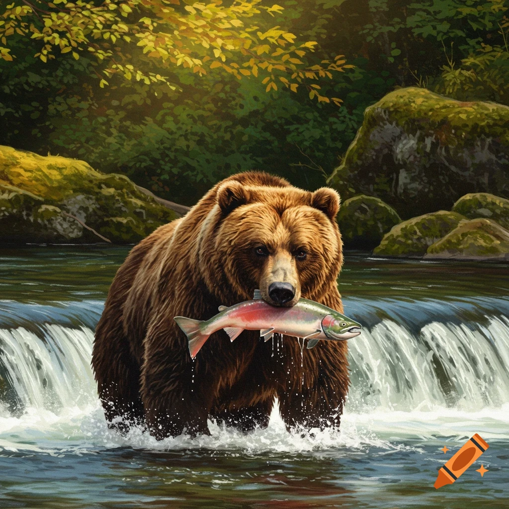 A brown bear stands in a river holding a salmon in its mouth, with waterfalls and green forest in the background.