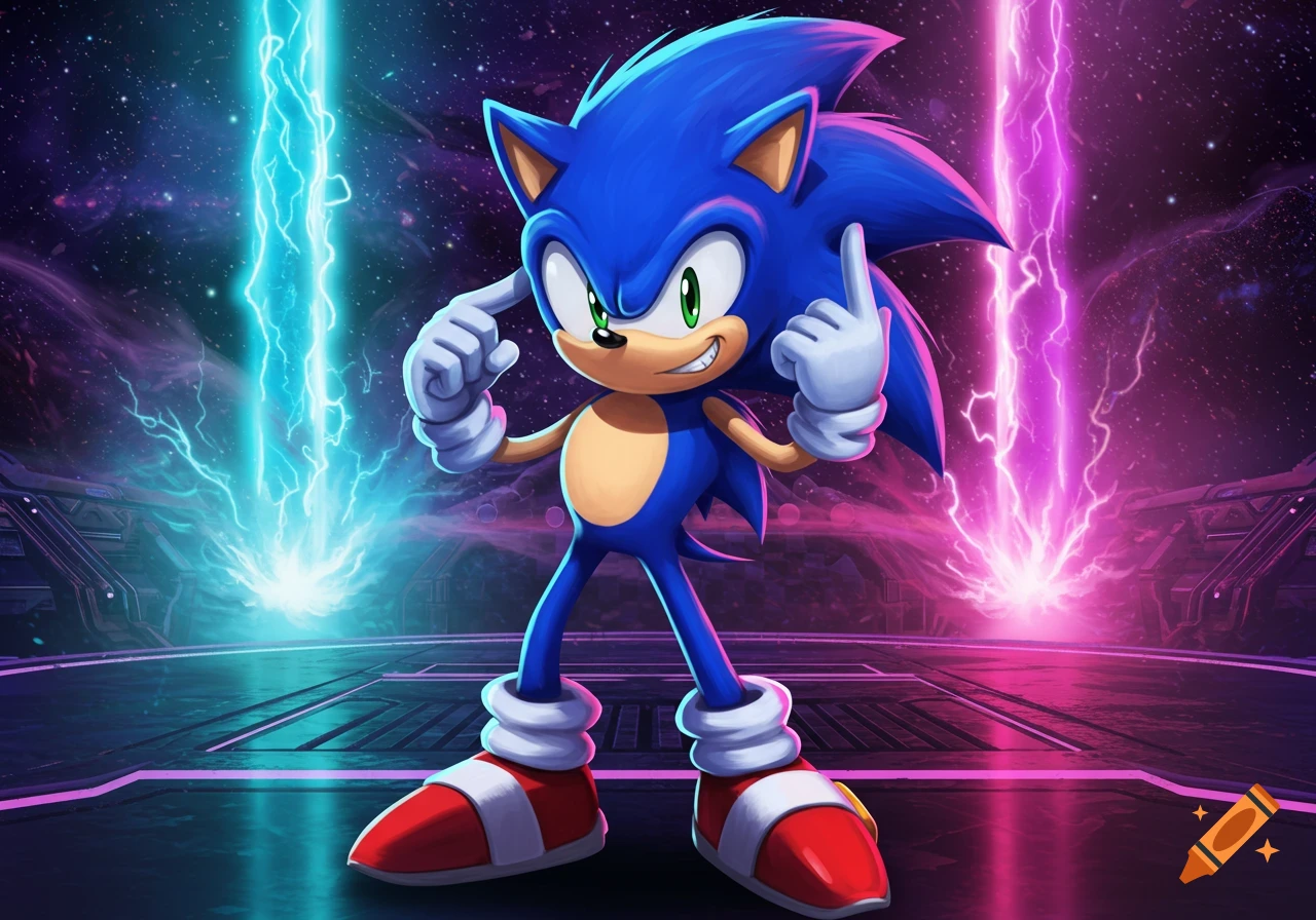 Sonic the Hedgehog in a vibrant pose, standing in a futuristic arena with blue and pink lightning.