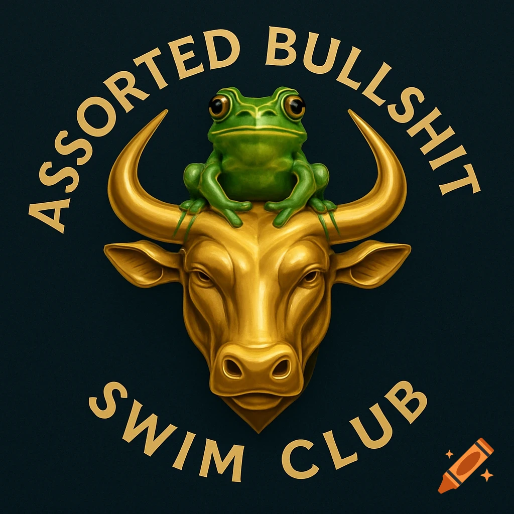 A gold bull head logo with a green frog on its horns, surrounded by the words 'ASSORTED BULLSHIT SWIM CLUB' on a dark background.