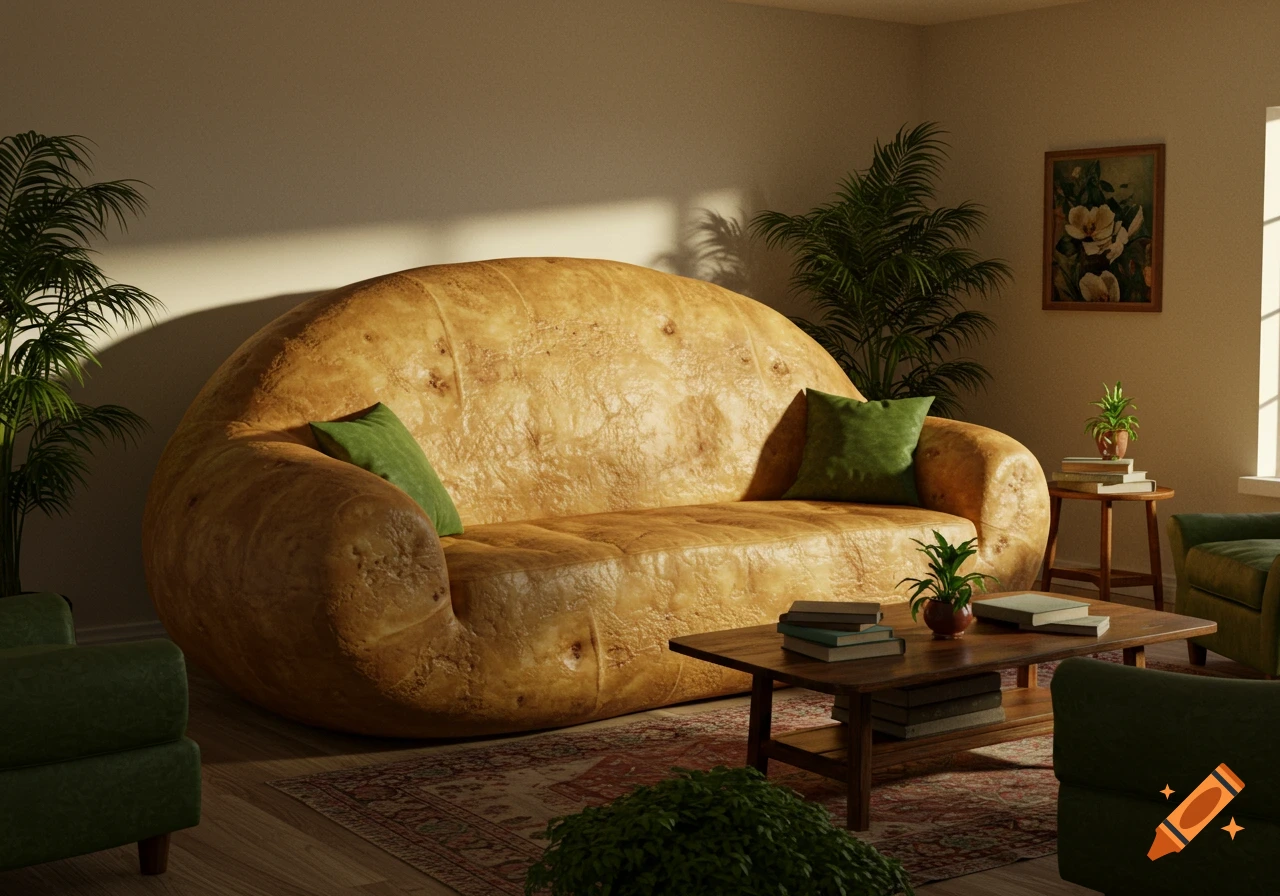 Photorealistic image of a sofa shaped like a large potato in a cozy living room with plants and wooden furniture.
