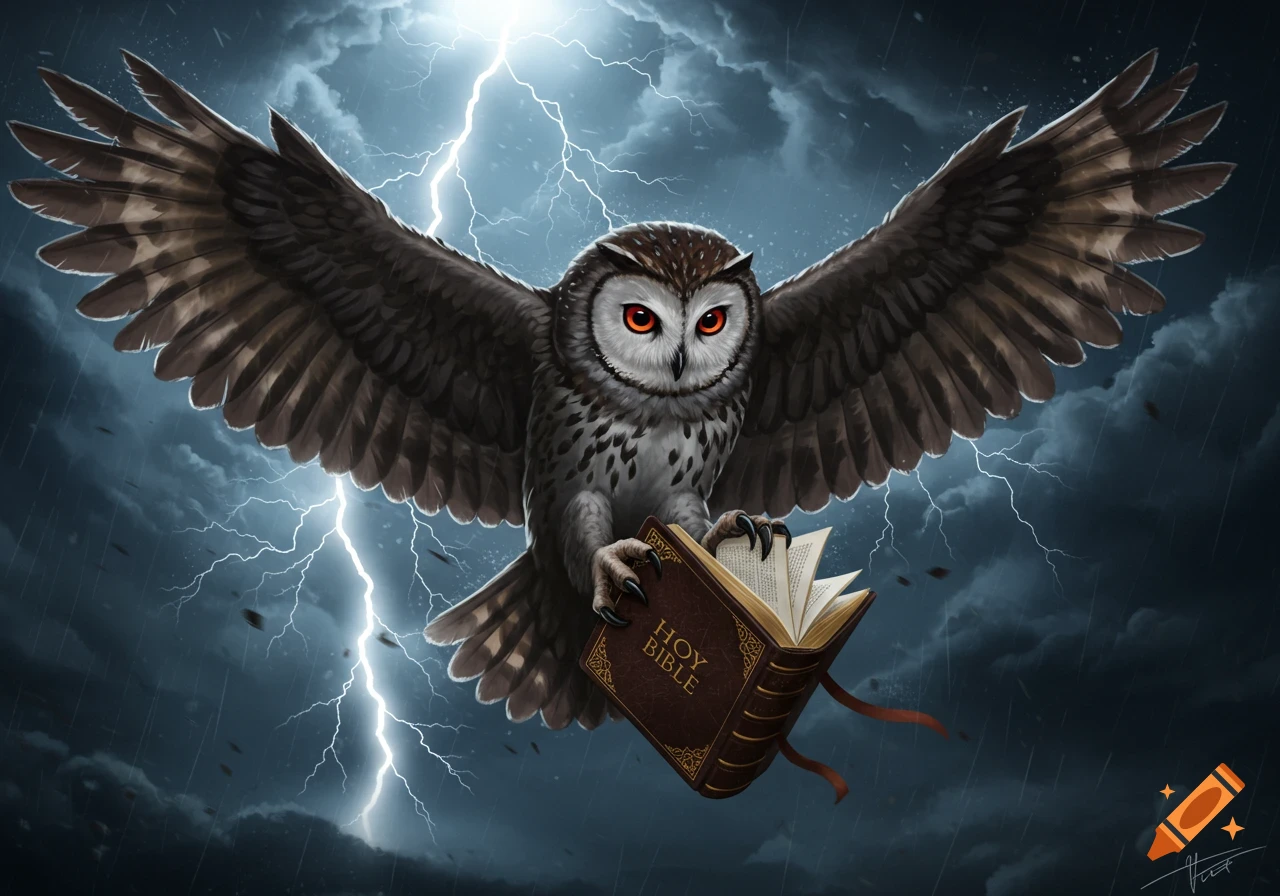 A fierce owl with red eyes flies through a lightning storm, holding a brown book with 'HOY BIBLE' on the cover. Detailed digital art.