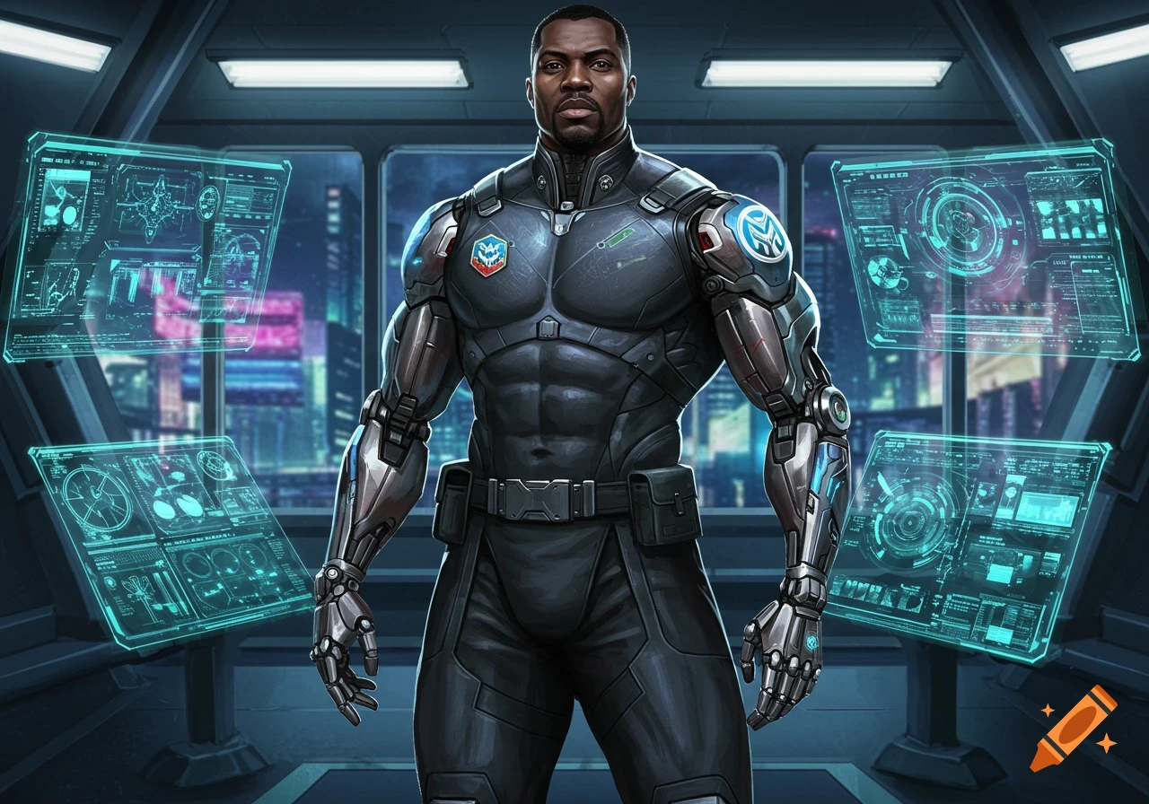 A muscular African-American man in futuristic cybernetic armor stands in a sci-fi control room with holographic screens displaying data.