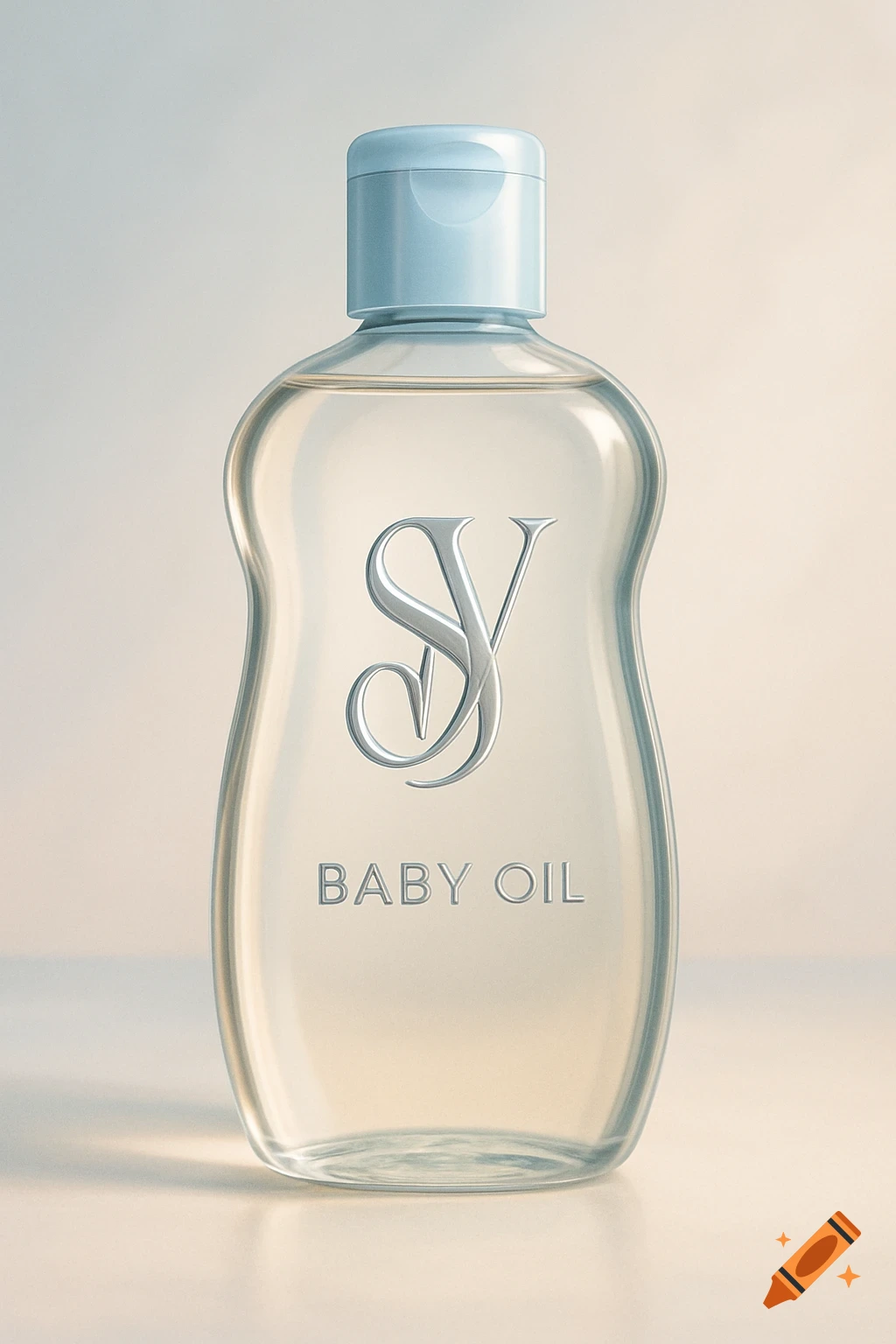 Clear baby oil bottle with light blue cap, silver 'SY' logo and 'BABY OIL' text on front, photorealistic style.