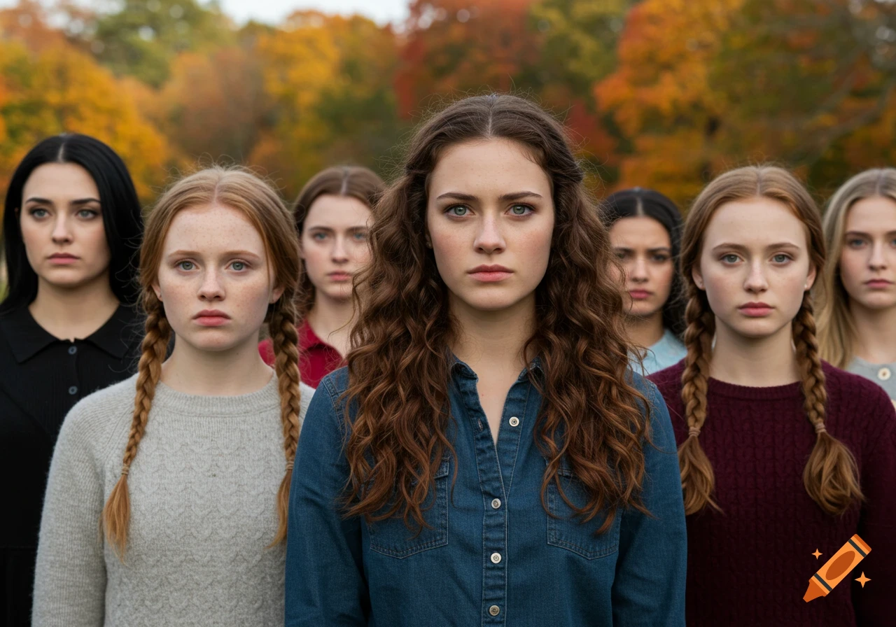 A group of young women with serious expressions stand outdoors, with autumn trees in the background.
