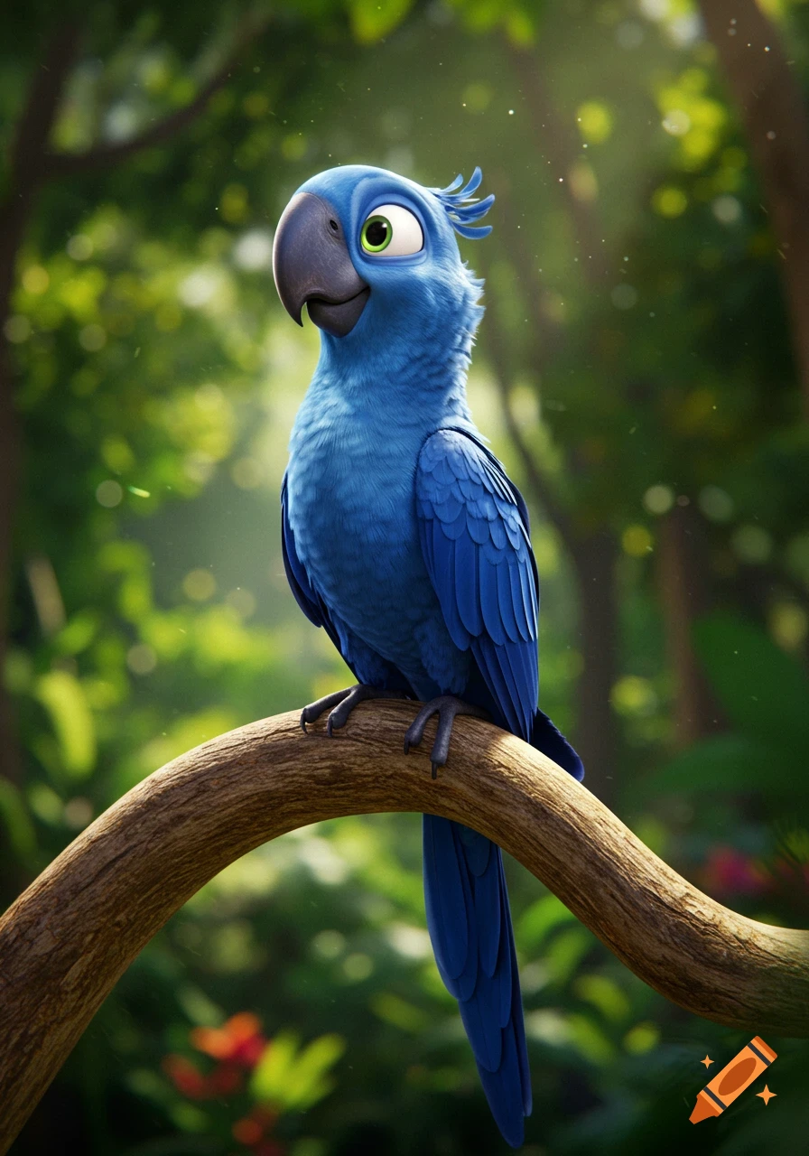 A hyperrealistic blue parrot with large green eyes perches on a brown tree branch in a lush green jungle.