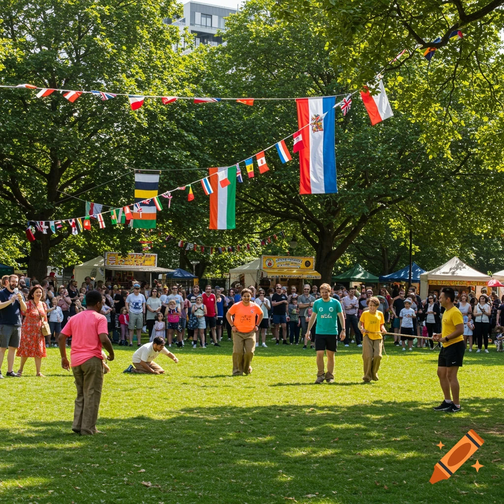 A lively outdoor event with many people gathered on a sunny green lawn under international flags, watching adults participate in a sack race.