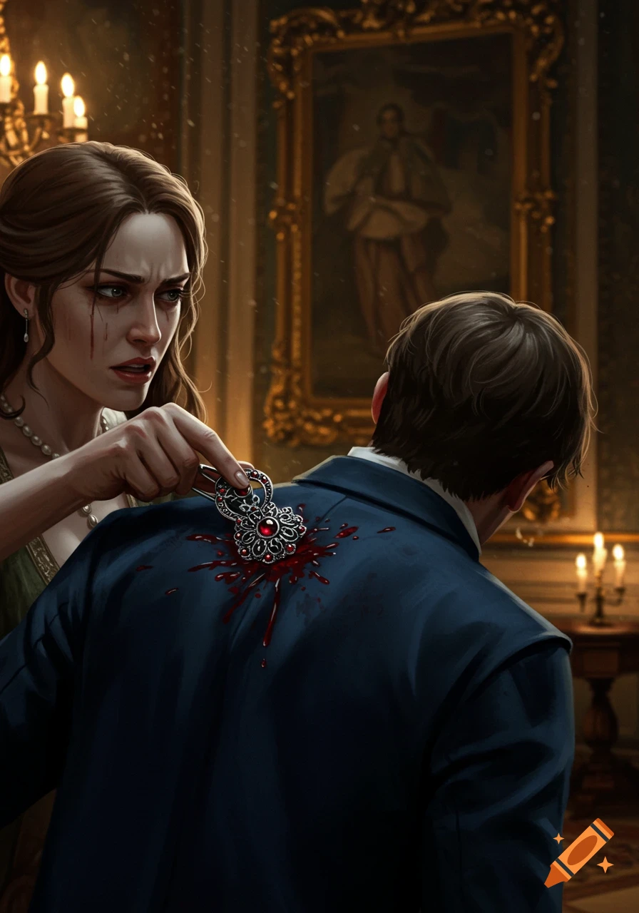 An angry woman stabs a man in the back with a jeweled broach, causing blood to splatter, in an ornate, candlelit room.
