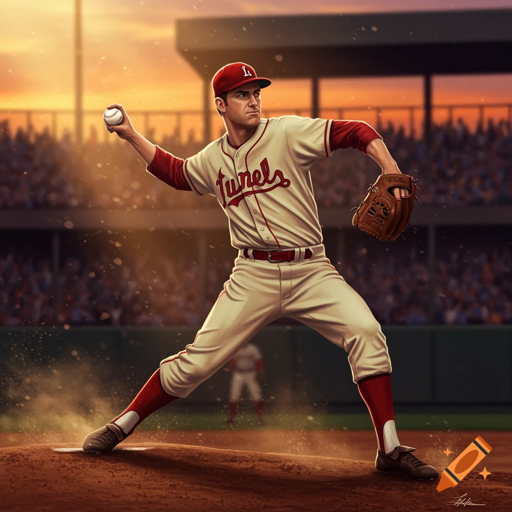 Baseball pitcher in cream and red uniform throws a ball on a mound at sunset, illustration.