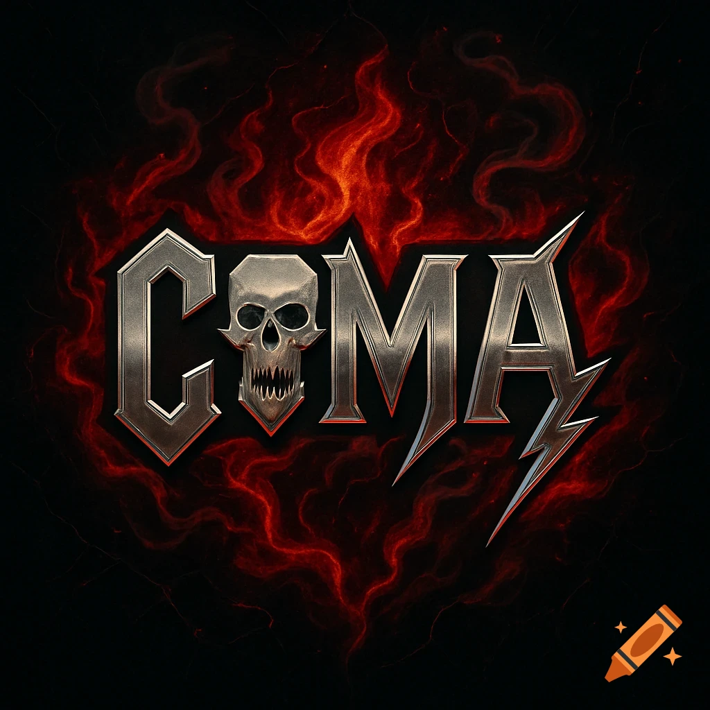 A metallic logo for the band COMA, featuring a skull as the 'O' and a lightning bolt as the 'A', set against a backdrop of red and orange flames.