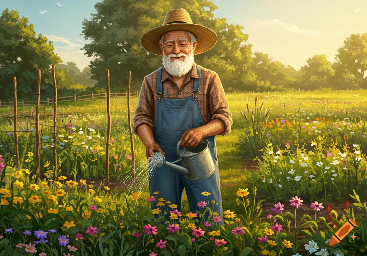 An old man with a white beard and a straw hat waters colorful flowers in a sunny garden.