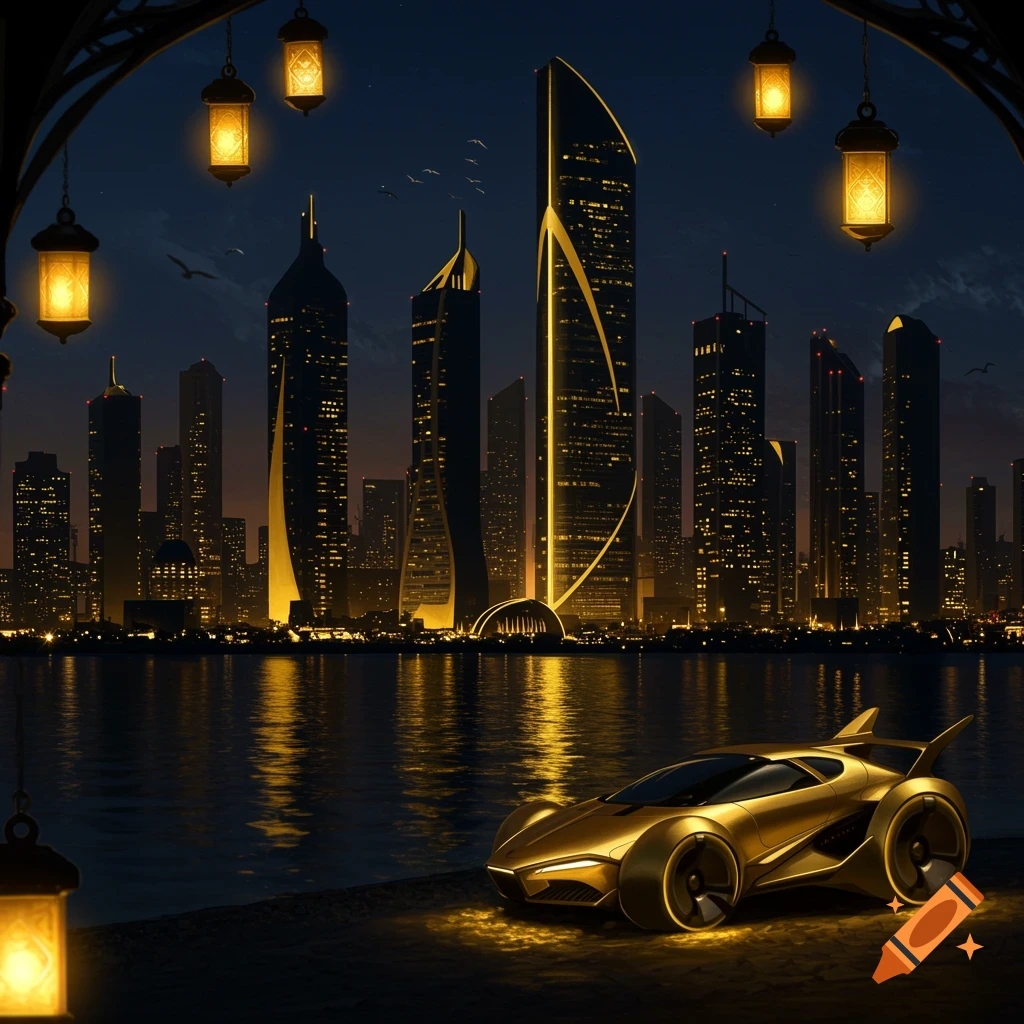A gleaming golden futuristic car parked at night by a waterfront, with a distant city skyline lit up in gold and black. Golden lanterns hang in the foreground.