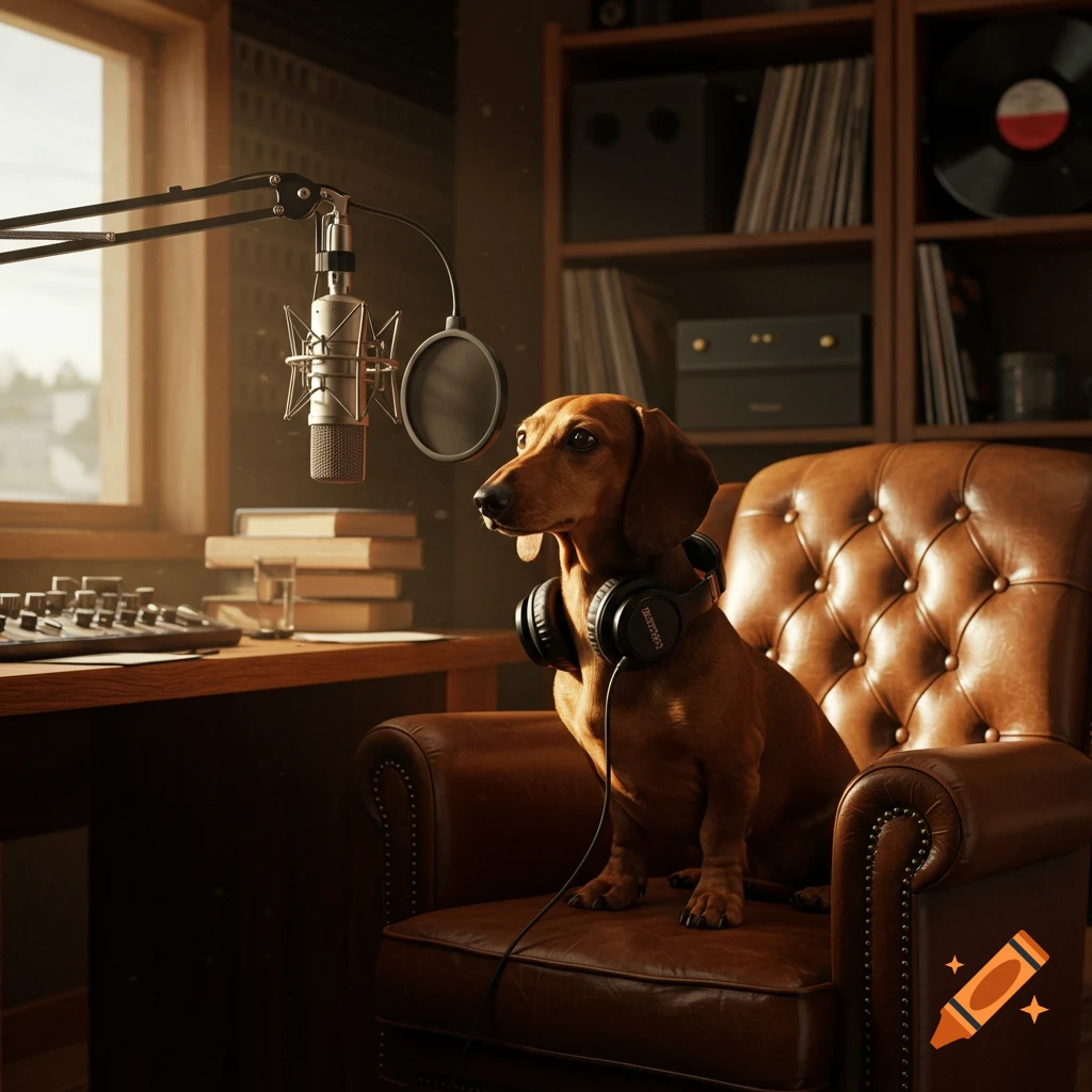A photorealistic image of a dachshund wearing headphones, sitting in a leather armchair in a recording studio with a microphone.