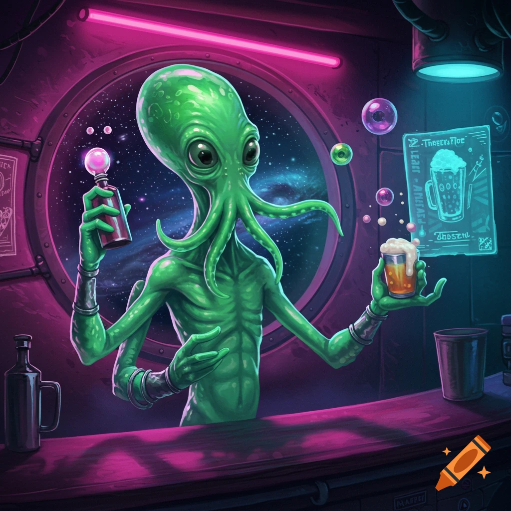 A vibrant, green, octopus-headed alien bartender with multiple arms mixes drinks in a neon-lit, futuristic space bar, with a view of space through a round window.