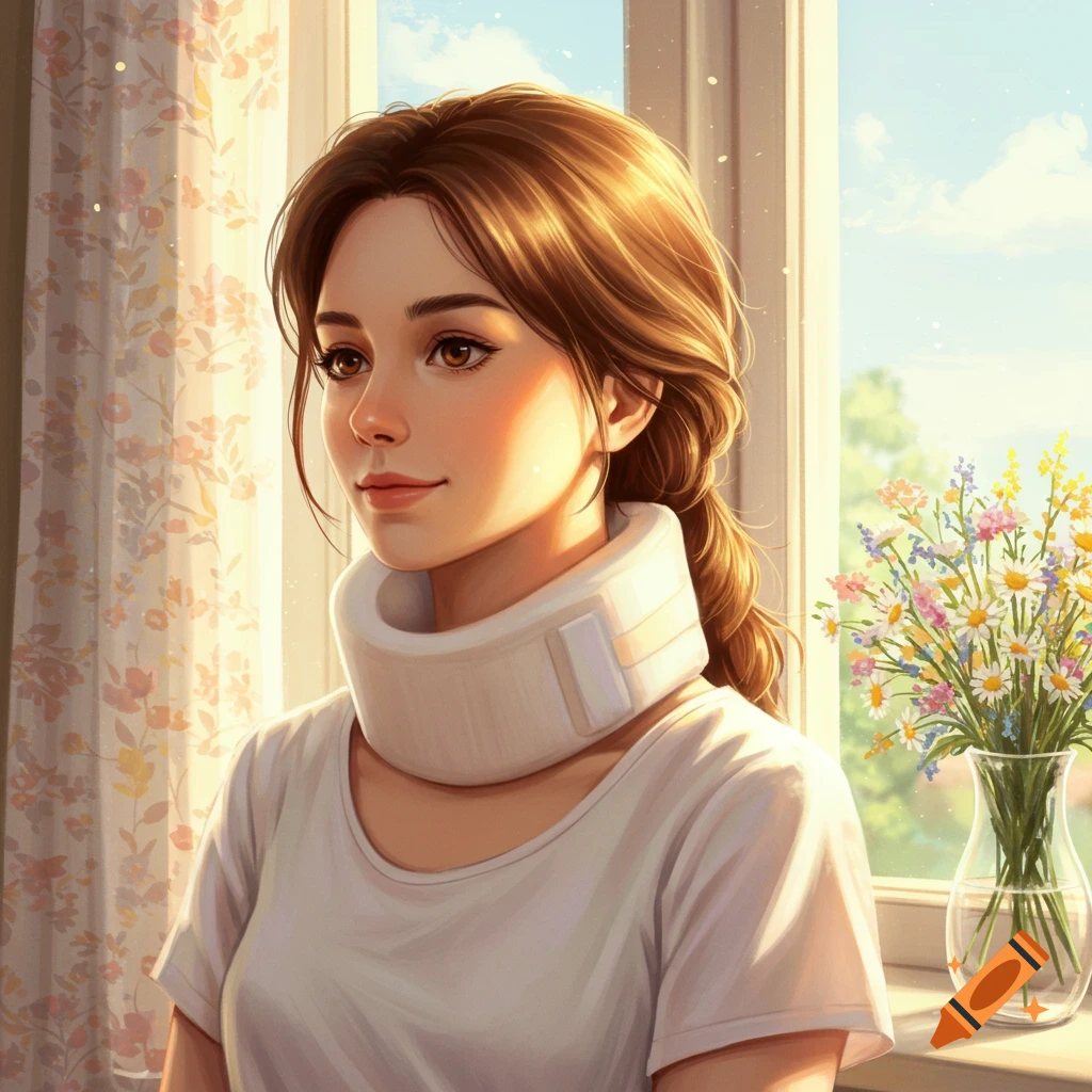 A young woman wearing a white neck brace looks out a sunlit window, with a vase of flowers on the sill.