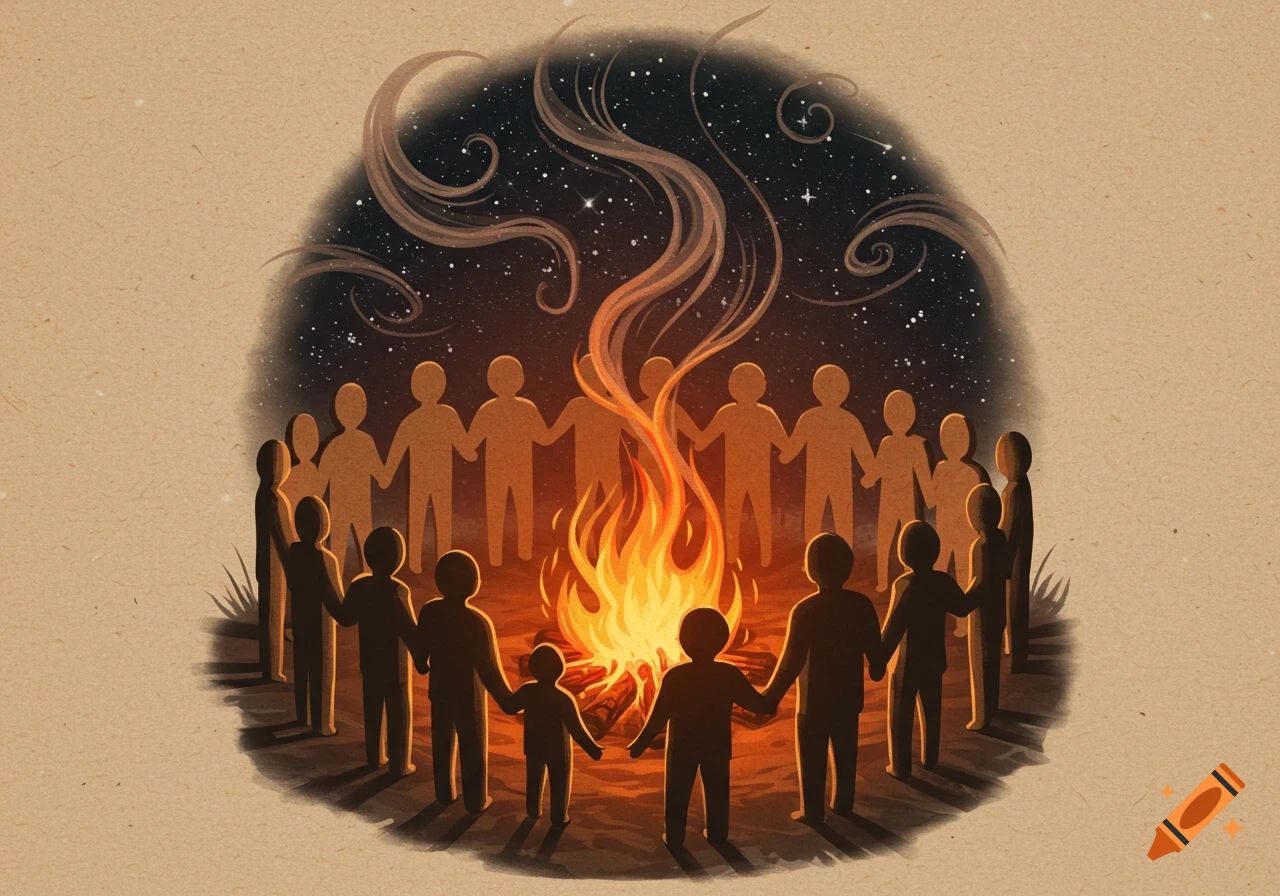 Silhouetted figures hold hands around a warm campfire under a starry night sky, on a textured paper background.