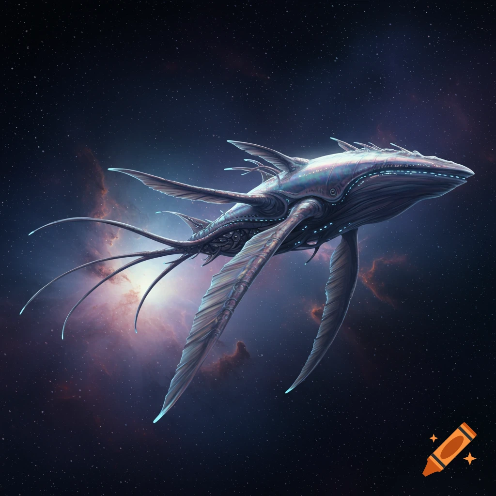 A detailed, indigo and violet biomechanical starship, resembling a whale with tendrils, floats through space against a nebula.