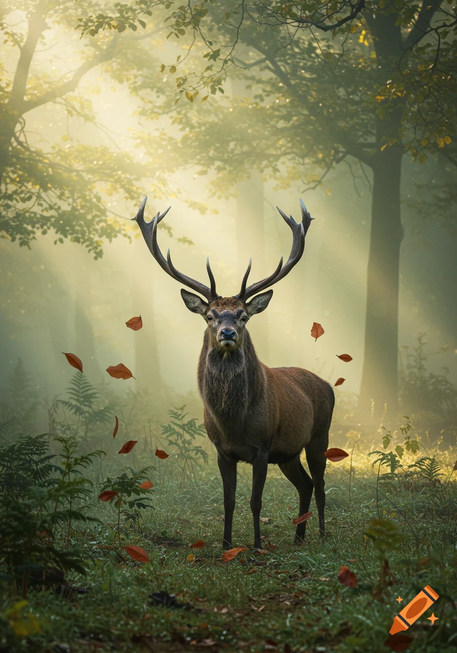 A majestic stag stands in a misty, sunlit forest with autumn leaves falling around it.