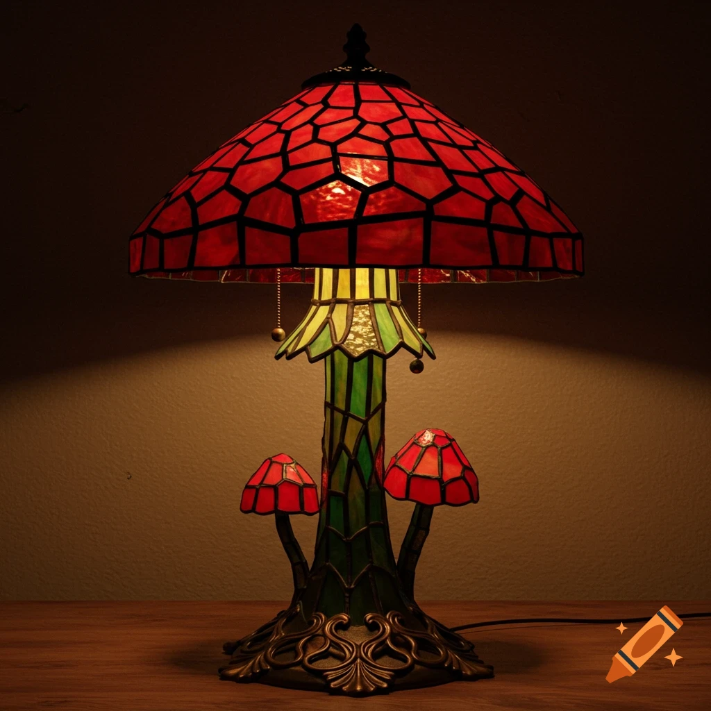 A red mushroom-shaped Tiffany-style stained glass lamp with a green stem and ornate base sits on a wooden table.