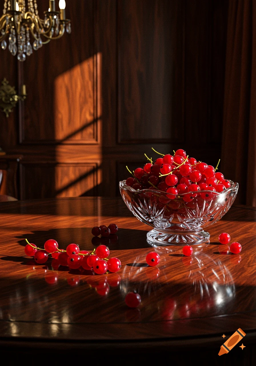 Photorealistic still life of red currants in a crystal bowl on a polished mahogany table, lit by sunlight.