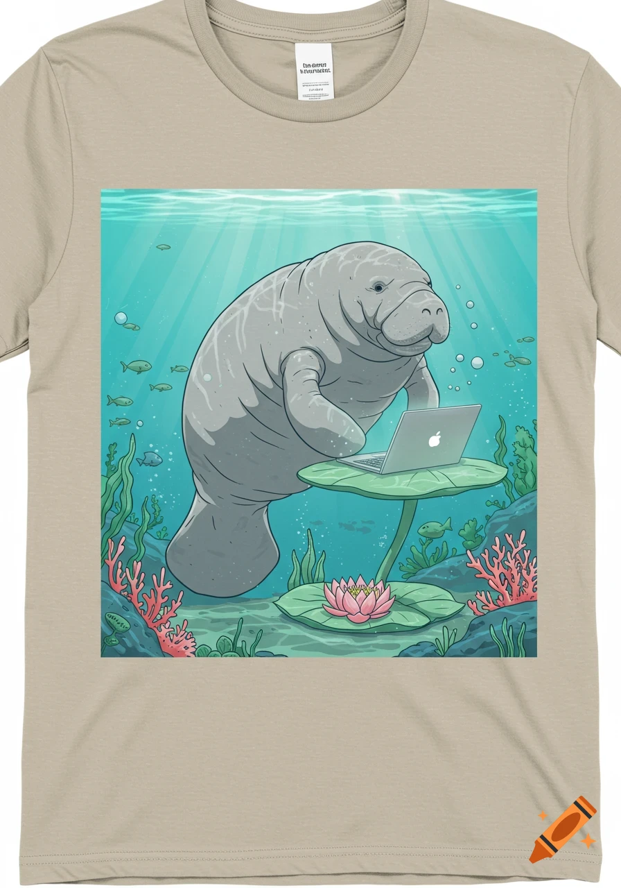A cartoon manatee sits underwater, using a silver laptop on a large green lily pad, surrounded by coral, plants, and small fish.