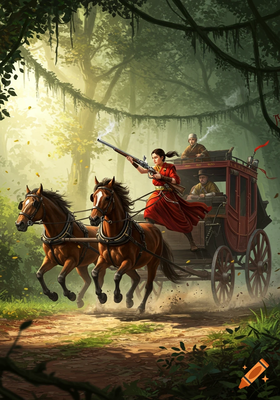 An illustrated scene of a woman in red robes shooting a rifle from atop a horse-drawn stagecoach in a lush forest.