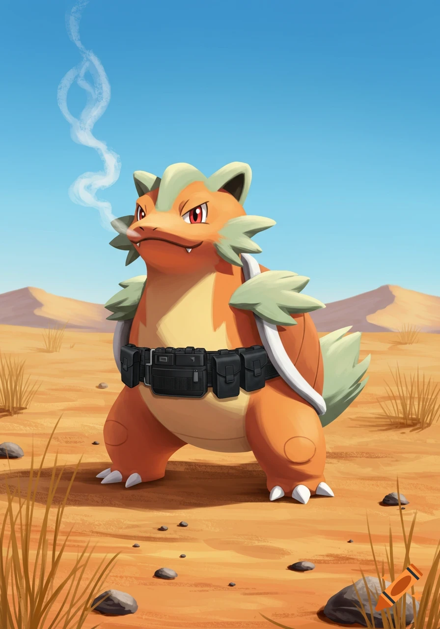 A cartoon Torkoal Pokémon with a tactical belt stands in a desert, exhaling smoke from its nose.