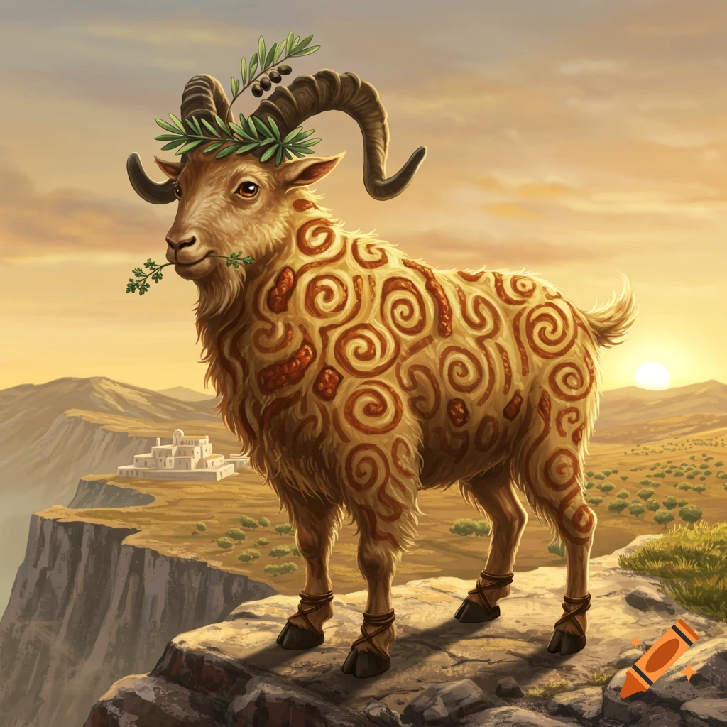 A stylized goat with souvlaki fur pattern, olive wreath, and sandals stands on rocky Greek cliffs at sunset.