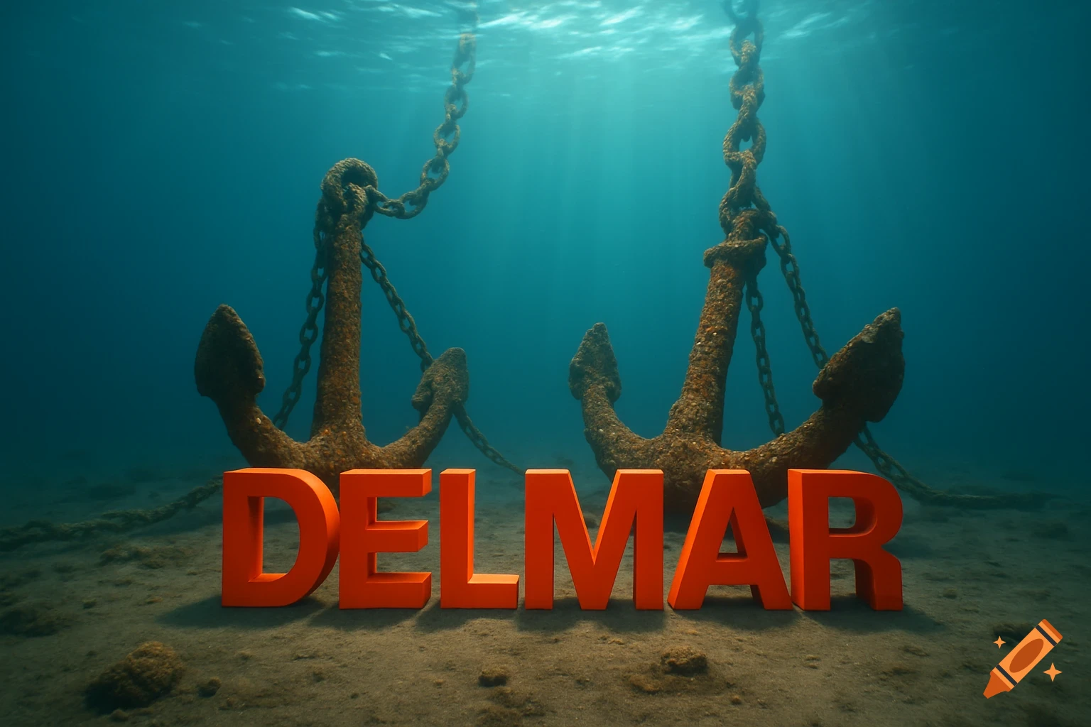 Underwater scene with rusty anchors and chains on a muddy seafloor. Large orange 3D letters spell "DELMAR" in the foreground.