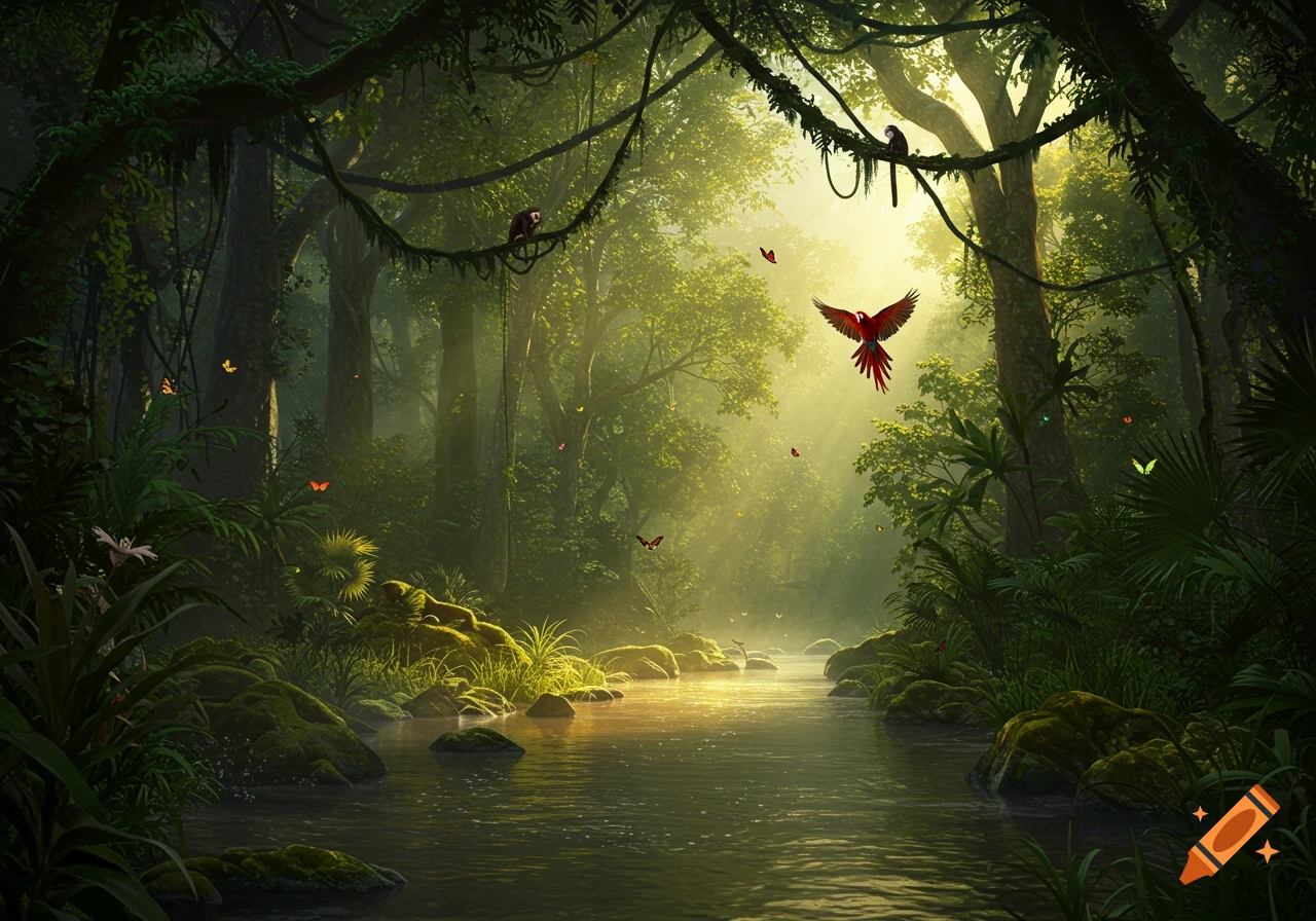 Lush, sunlit jungle river scene with a red macaw flying, monkeys, and butterflies amidst dense foliage and mossy rocks.