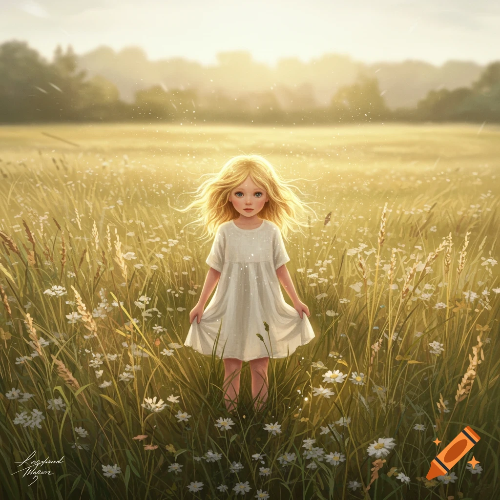 A blonde child in a white dress stands in a sunny, tall golden field filled with white flowers.