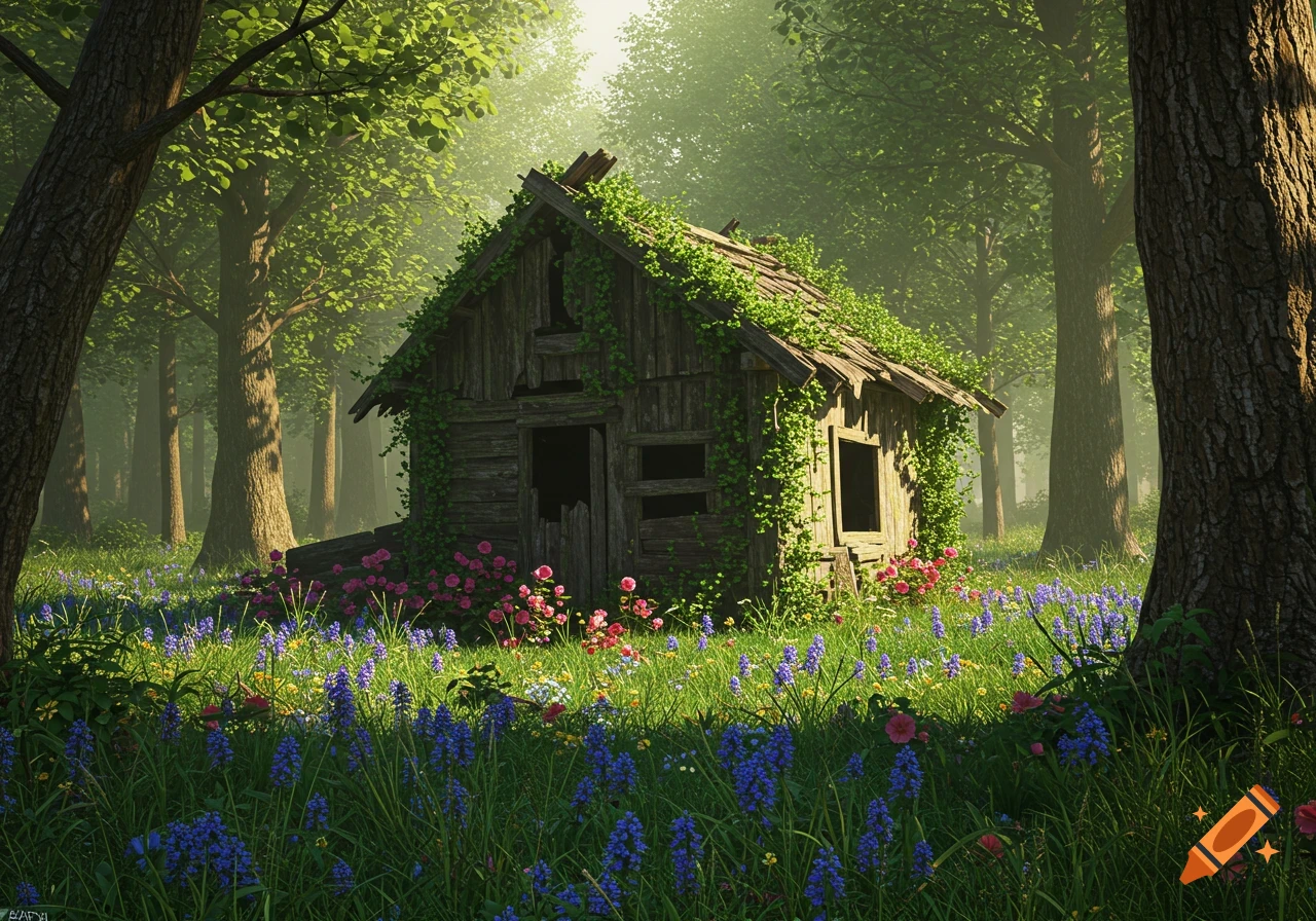 A detailed photorealistic image of an old, vine-covered wooden hut in a sunny forest, surrounded by blue wildflowers and pink roses.